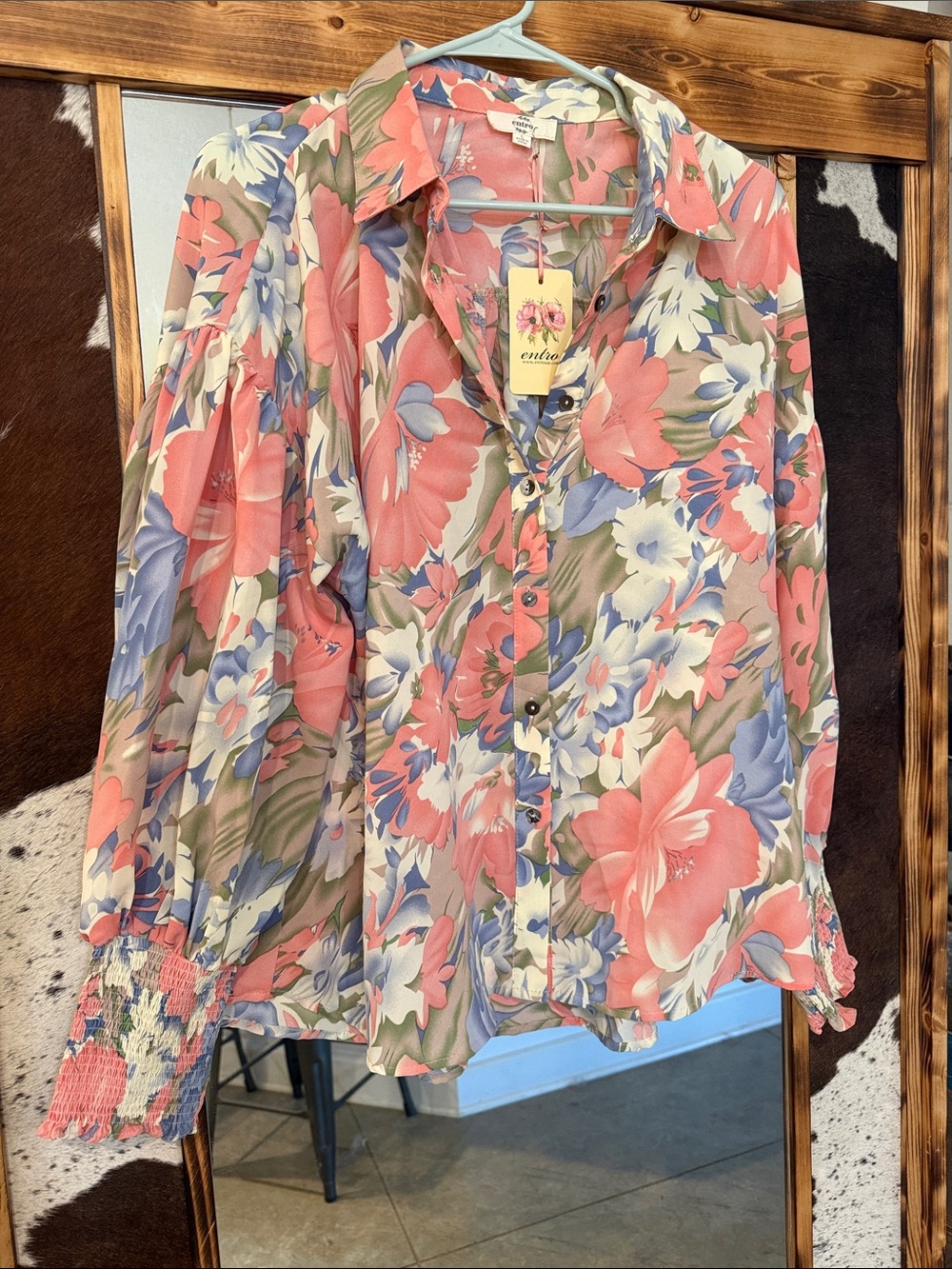 entro Pink Floral Button-Up Blouse with Lavender & Green Accents